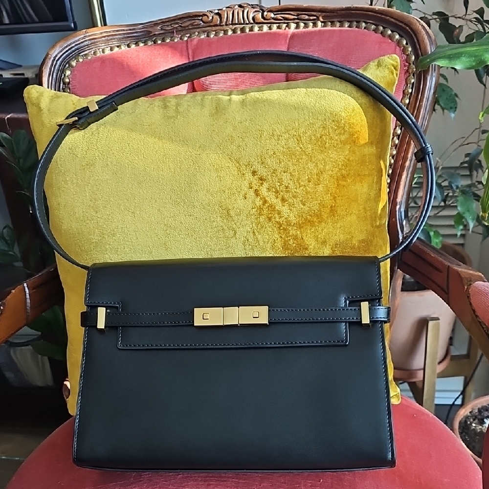 Black Leather Handbag with Gold Accents